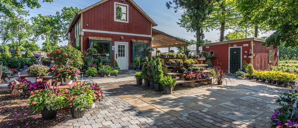 Red barn-style greenhouse with potted flowers and a sunlit stone courtyard garden