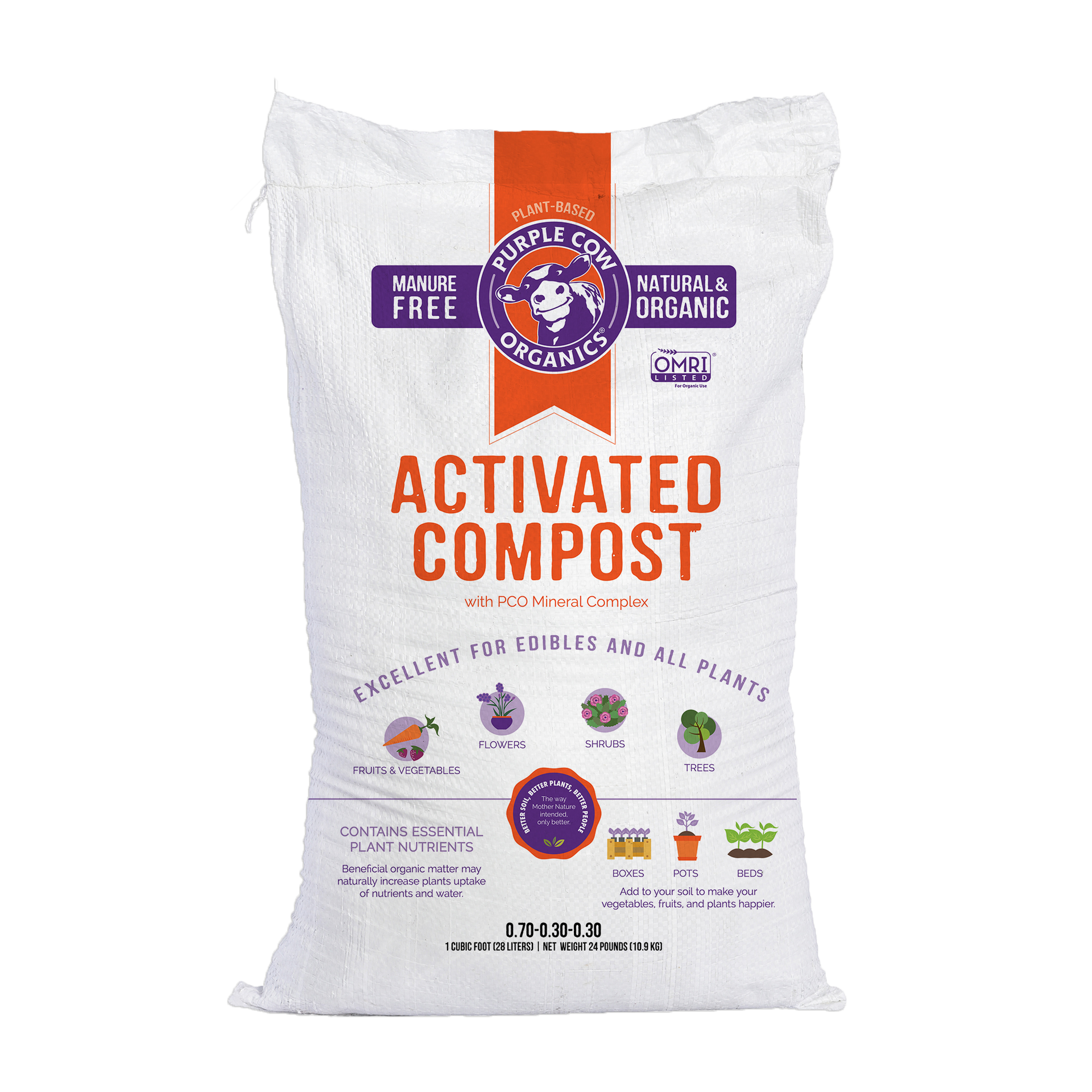 White bag of activated compost with orange text and purple accents, shown front-facing on a plain background