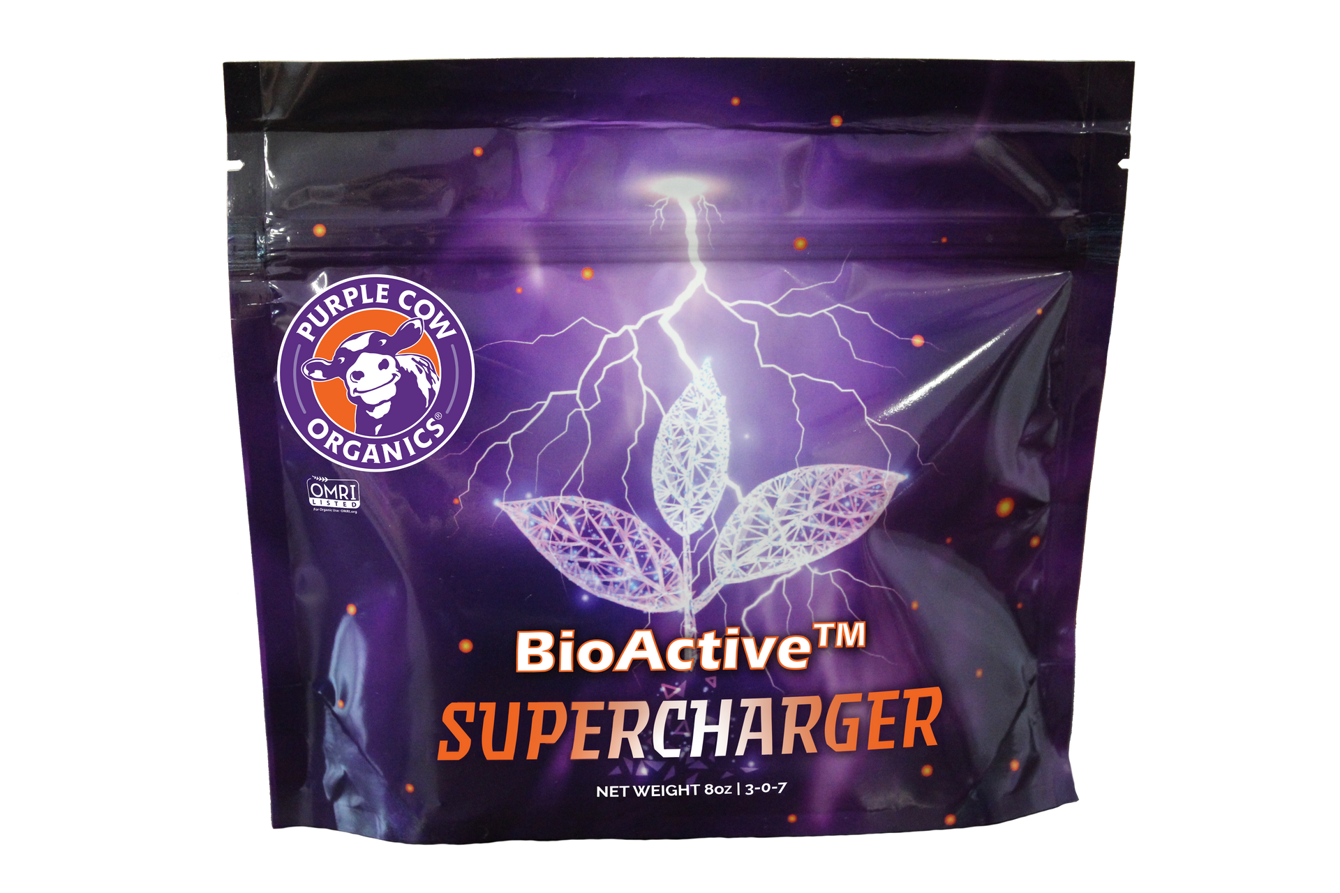 Purple BioActive Supercharger supplement pouch with lightning design and logo