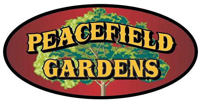 Peacefield Gardens logo with yellow text on a red oval and green tree graphic
