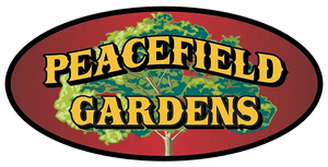 Peacefield Gardens logo with yellow text on a red oval and green tree graphic