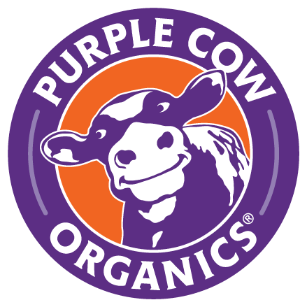 Purple cow mascot logo with orange circle and white text reading “Purple Cow Organics”