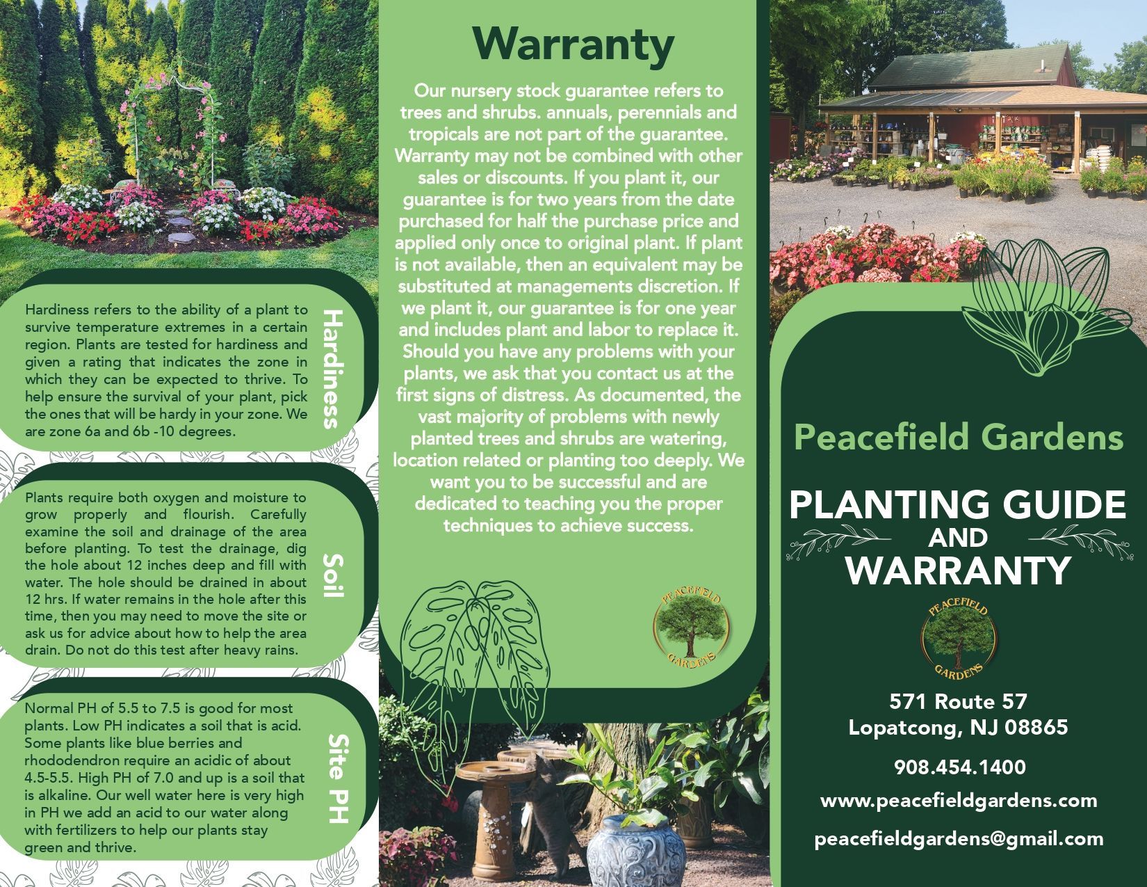 Green gardening brochure titled “Peacefield Gardens Planting Guide Warranty” with floral photos and text blocks
