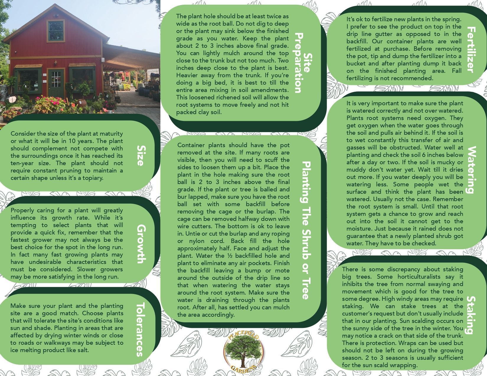 Green informational chart with text boxes beside a red barn photo and small tree illustrations.