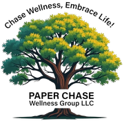 Paper Chase Wellness Group LLC logo with a green tree and slogan &ldquo;Chase Wellness, Embrace Life!&rdquo;