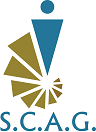 SCAG-logo: blauwe persoon met spiraalvormig ontwerp, goud en blauw.