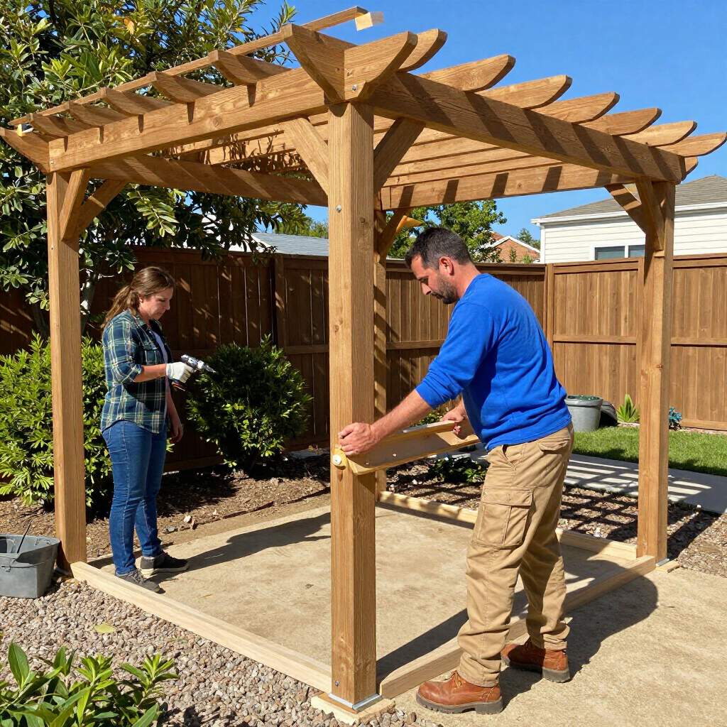 Two people assembling a wooden pergola in a fenced backyard on a sunny day