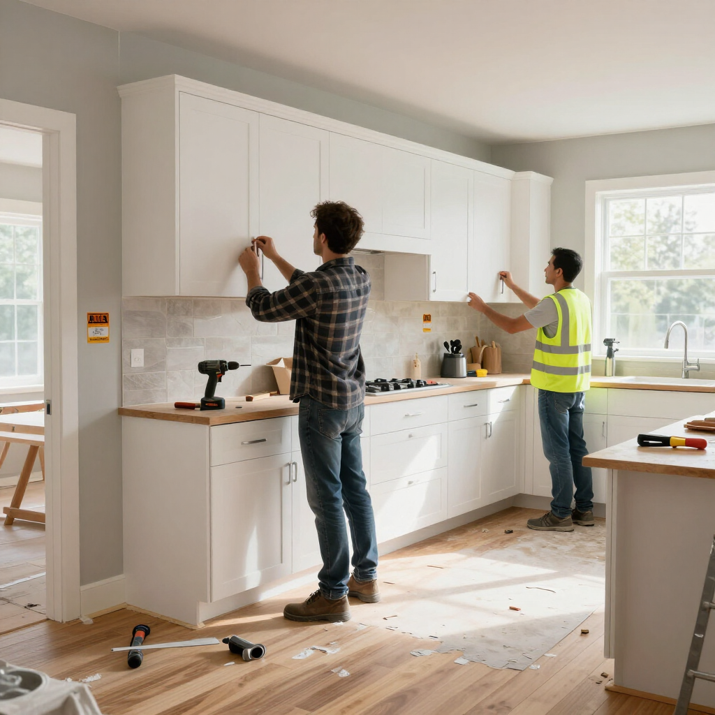 Two workers installing white kitchen cabinets in a bright, partially finished kitchen.
