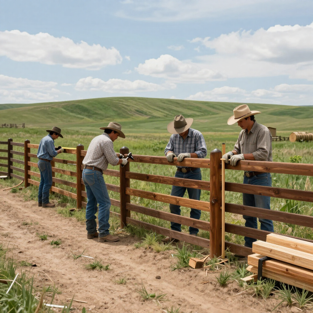 Workers installing a wooden fence along a dirt path in a grassy field under a cloudy sky