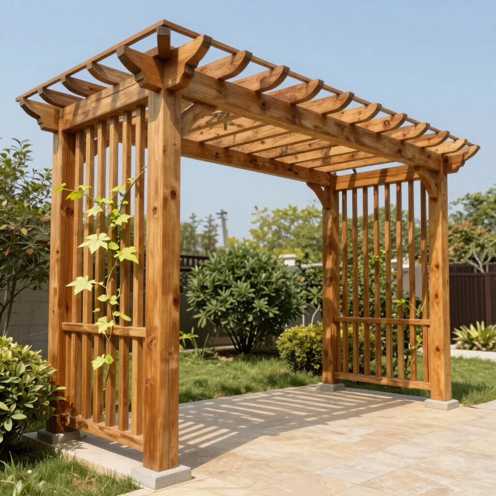 Wooden garden pergola walkway with lattice sides and a paved path in a landscaped yard