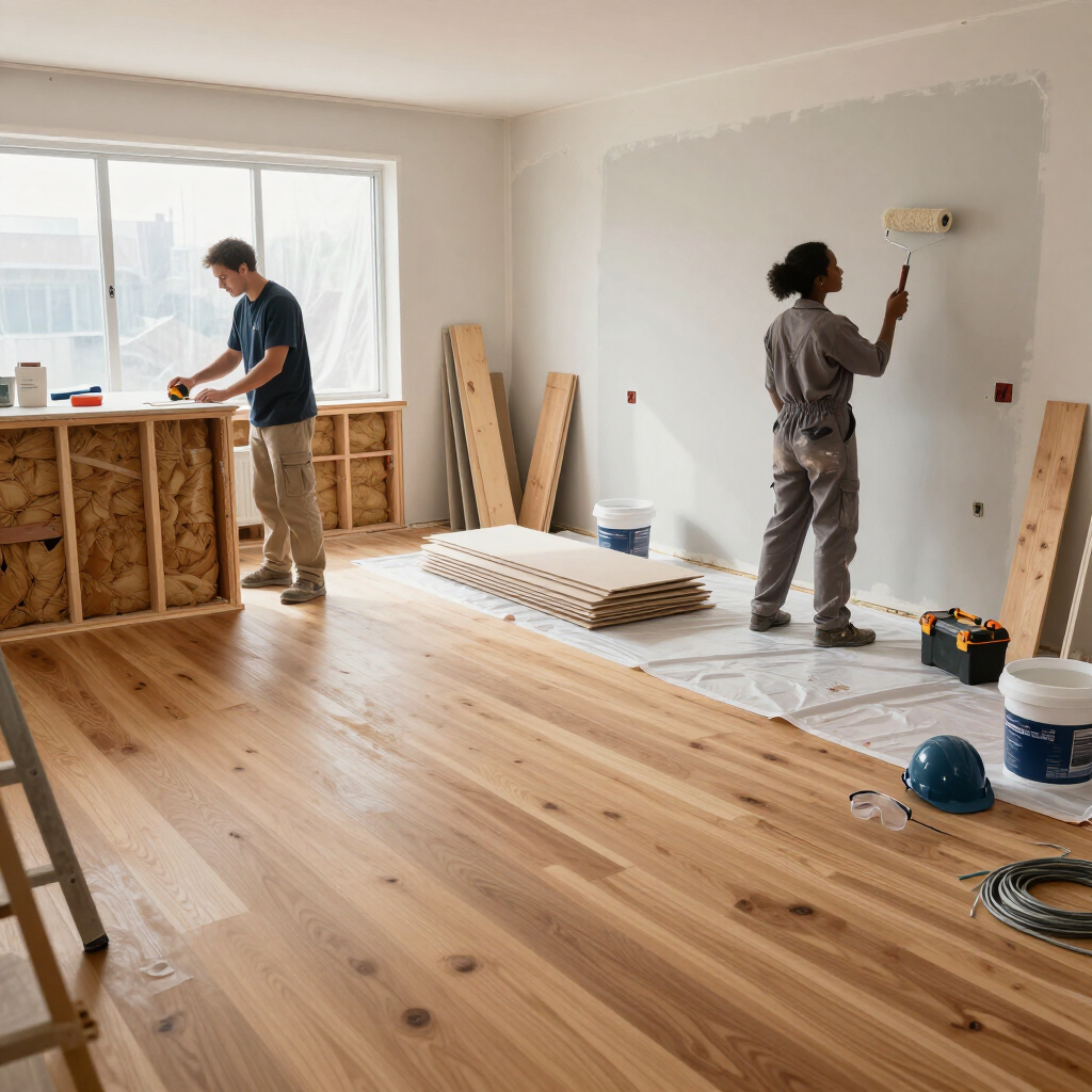 Workers painting and renovating a bright room with hardwood floors and window light.