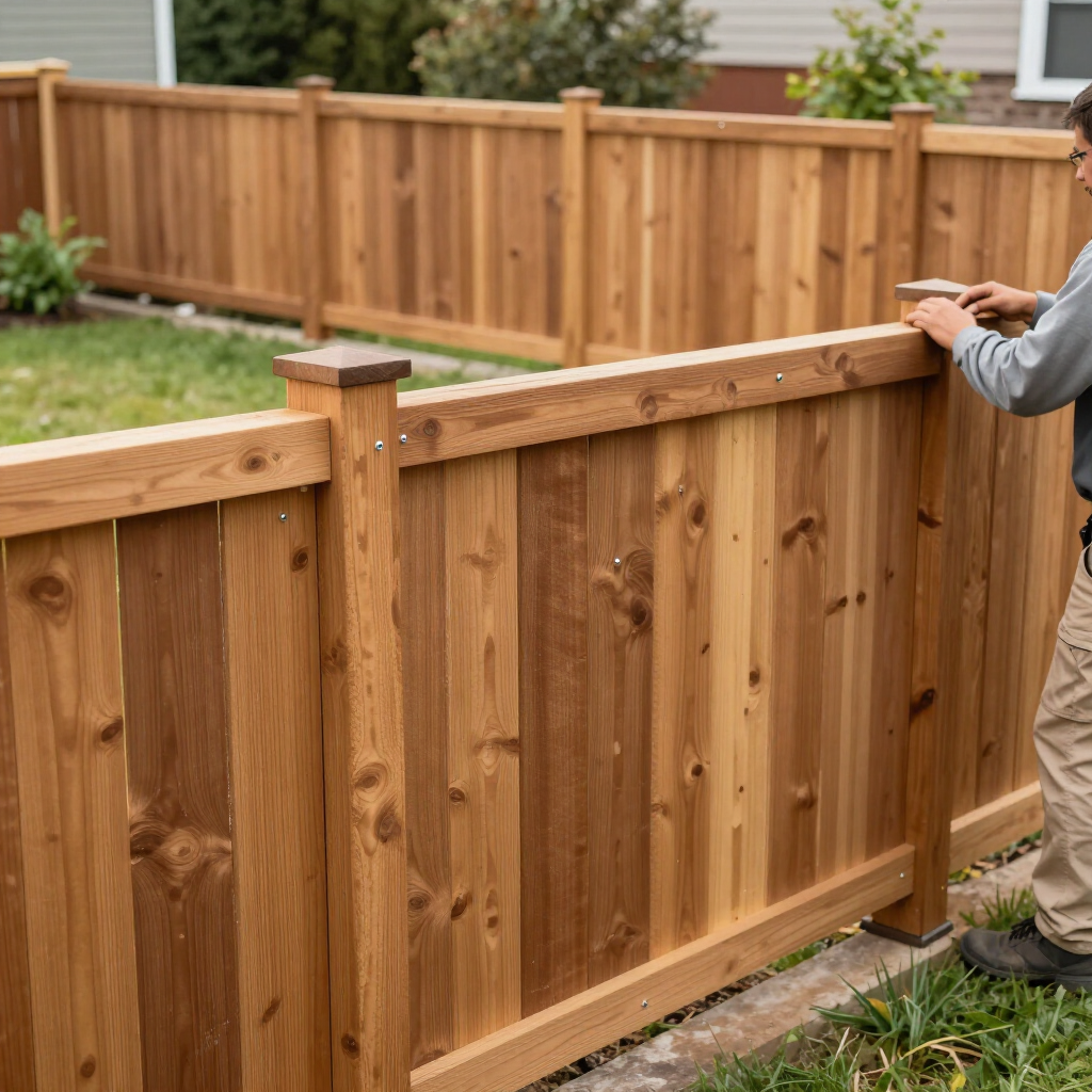 Person installing a wooden fence panel in a backyard, with one section open and a hand on the top rail