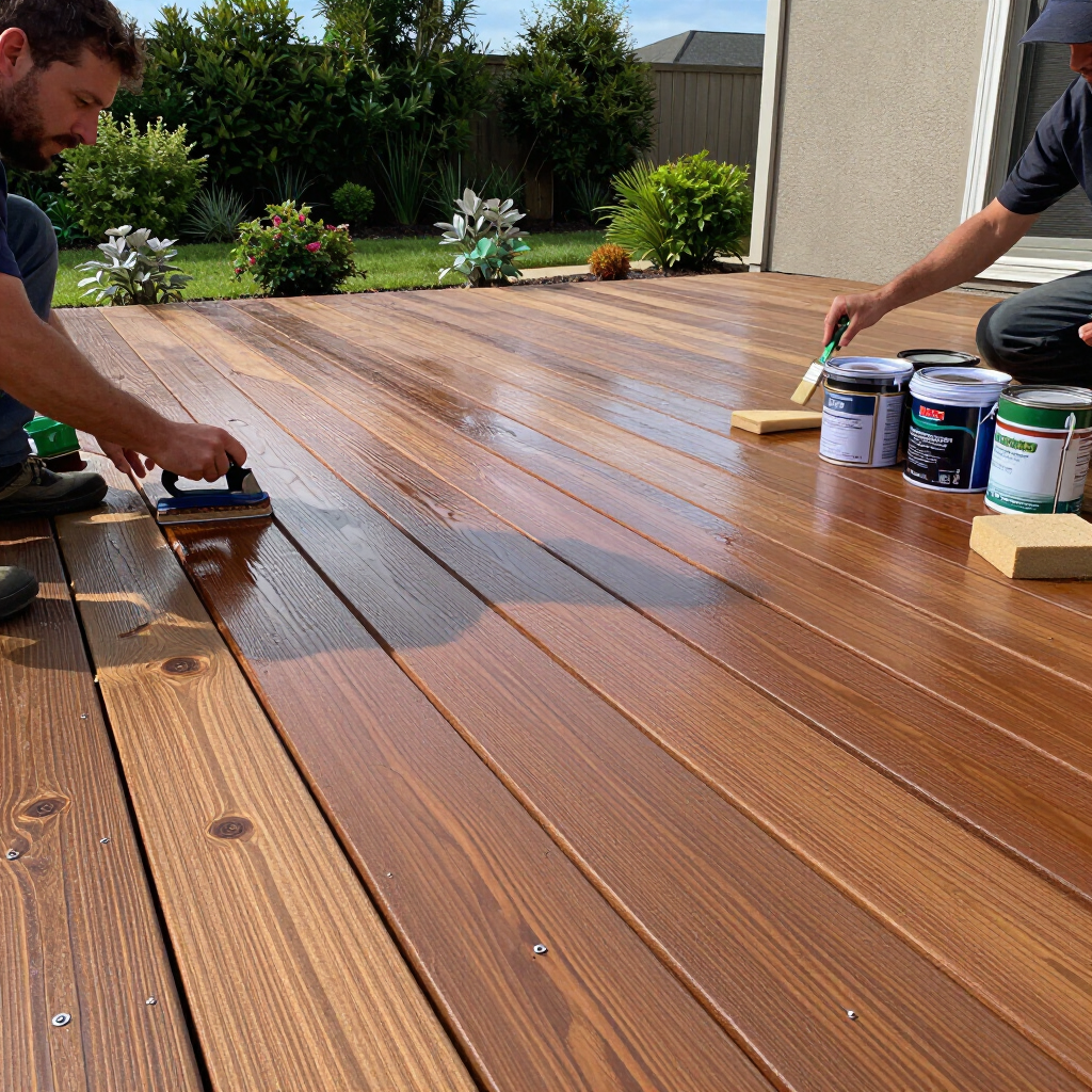 Two people staining a wooden deck outdoors with brushes and cans of finish