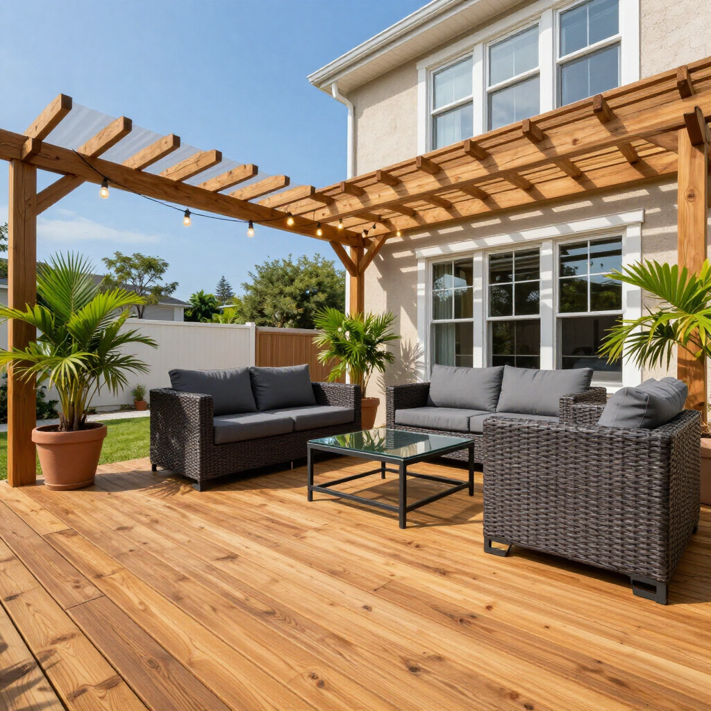 Modern wooden deck patio with pergola, wicker seating, glass coffee table, and potted palms by a house