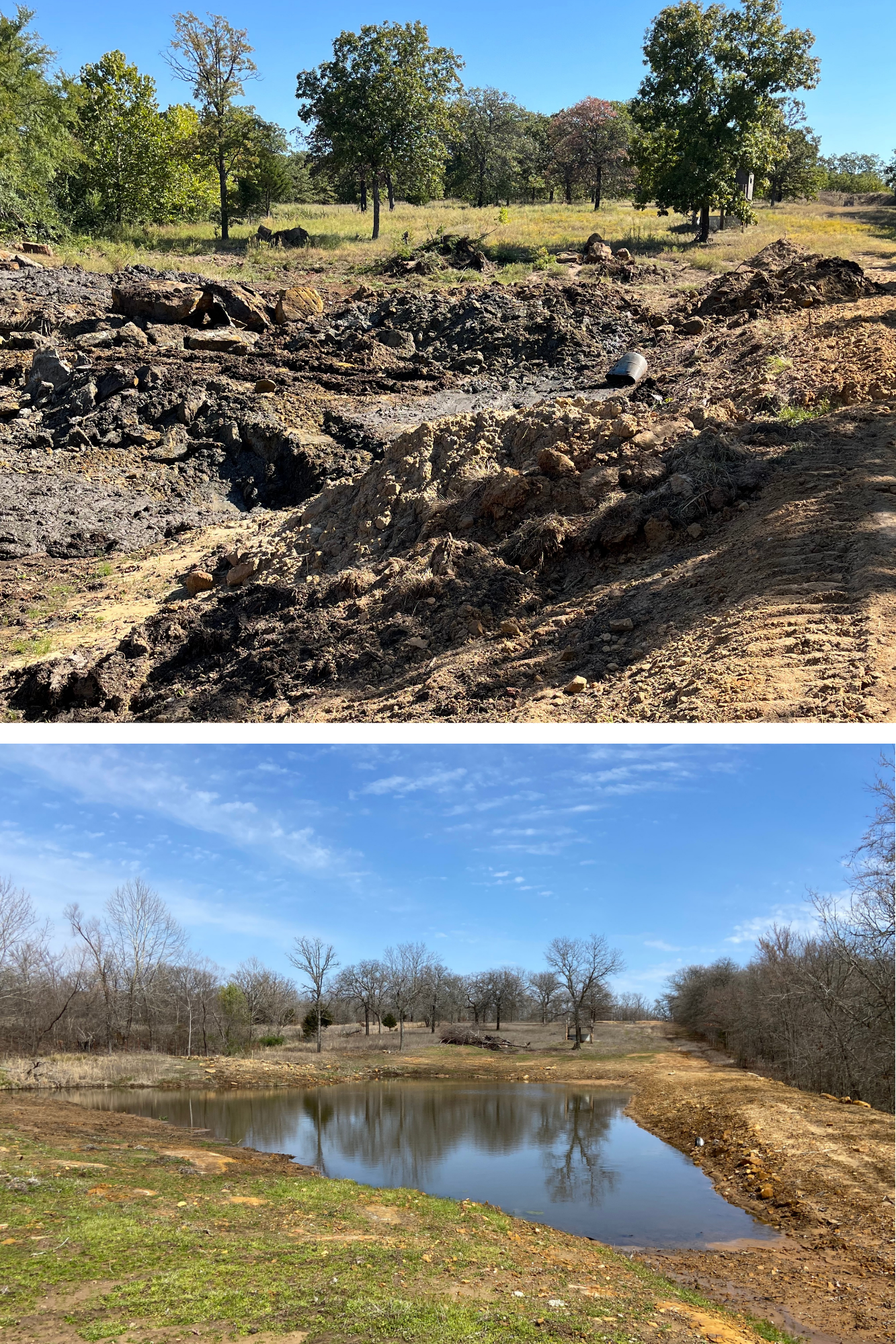 A two-part image showing a land excavation site before and after it was filled with water to form a small pond.