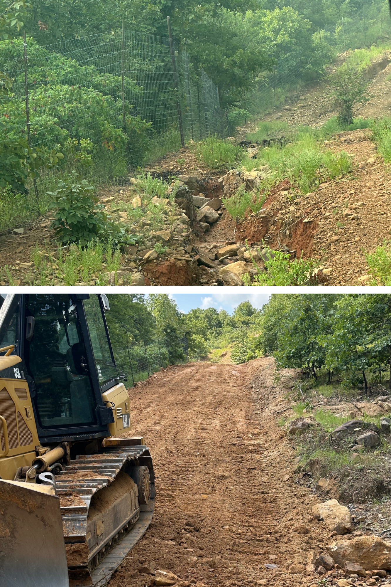 Before and after view of a bulldozed path through a wooded, rocky landscape.