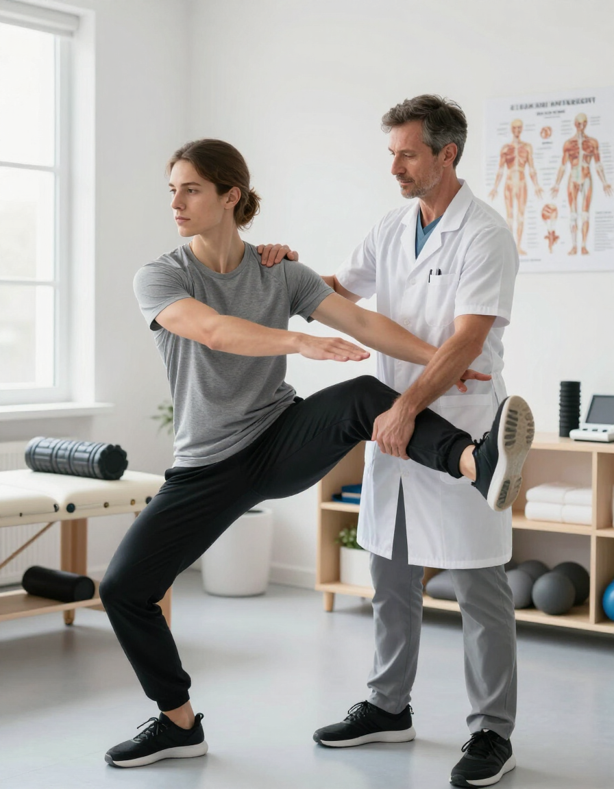 Physical therapist assisting a patient with a leg stretch in a bright clinic room