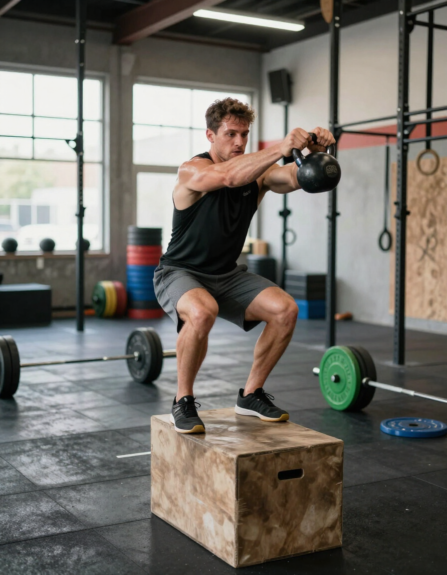 Person performing a kettlebell squat on a wooden box in a gym