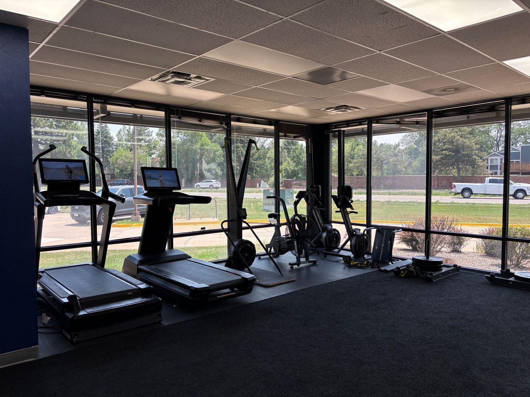 Gym interior with treadmills, exercise bikes, and large windows overlooking a grassy area