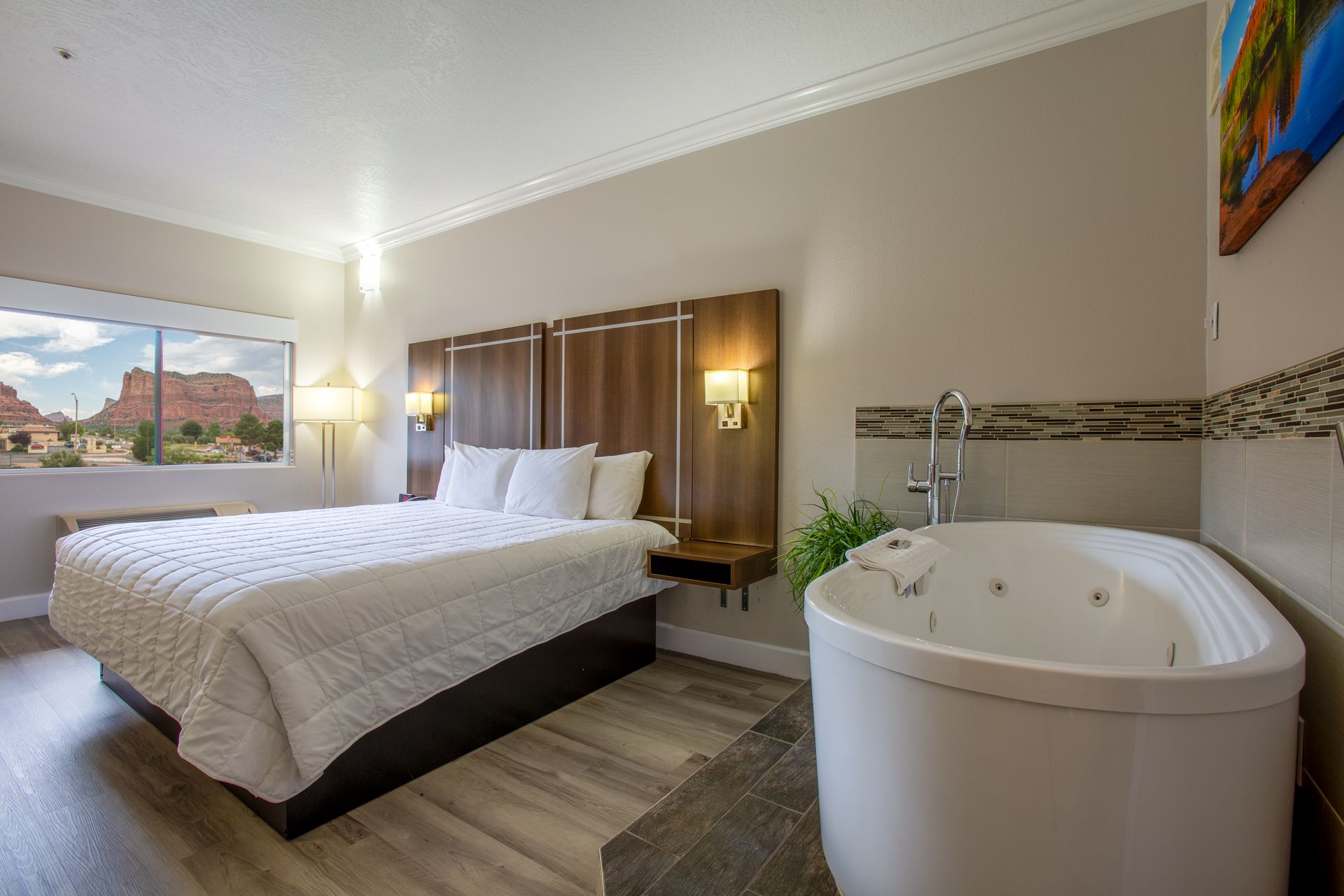 Jetted King Relaxation Retreat room with spacious king Beautyrest bed and whirlpool tub at Wildflower Inn Sedona