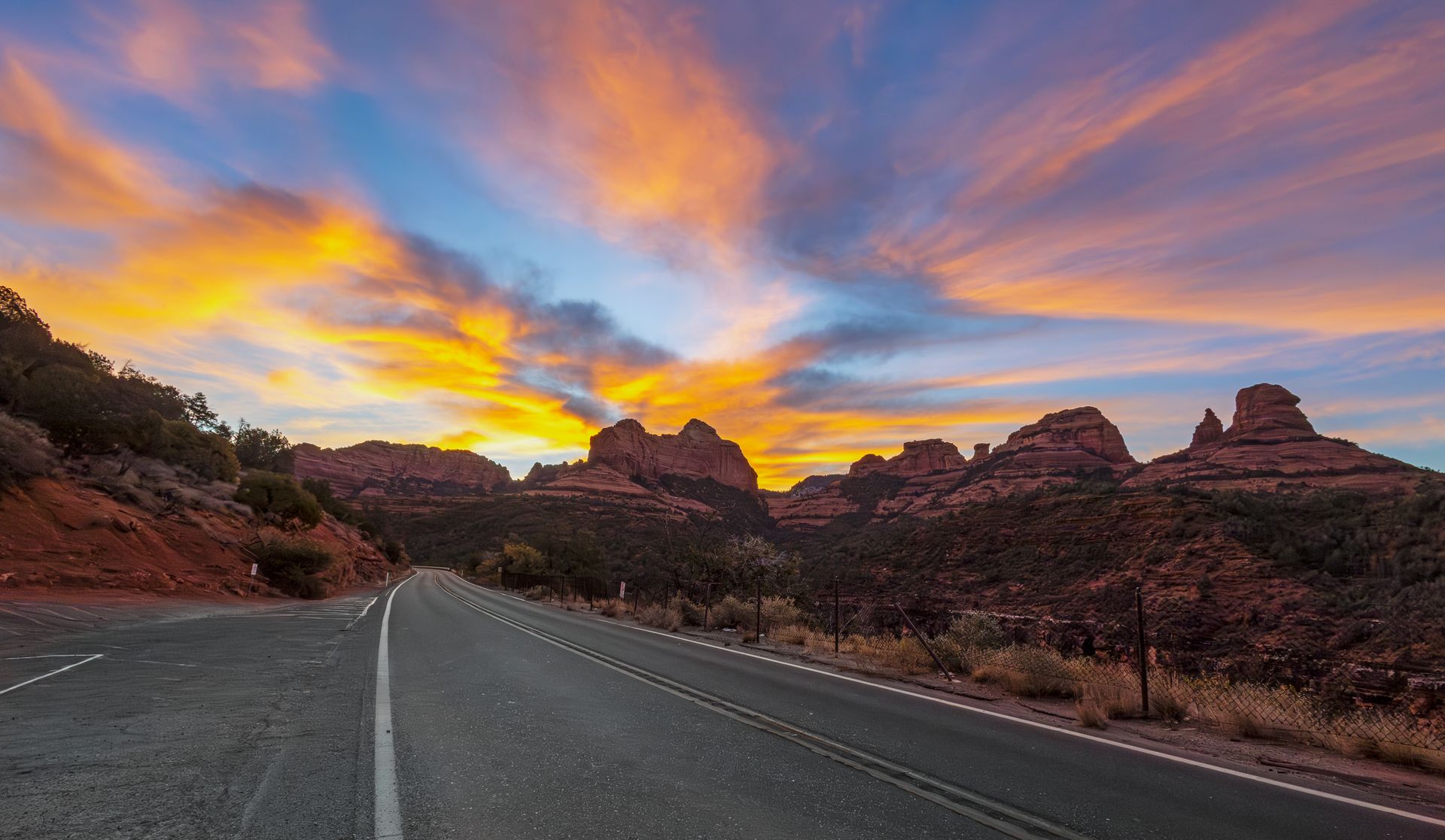 Sunset over a scenic road near Bell Rock, Sedona