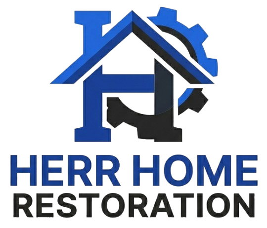Logo for Herr Home Restoration, featuring a blue house icon shaped like an 'H' integrated with a dark gear.