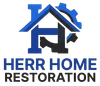 Logo for Herr Home Restoration, featuring a blue house icon shaped like an 'H' integrated with a dark gear.