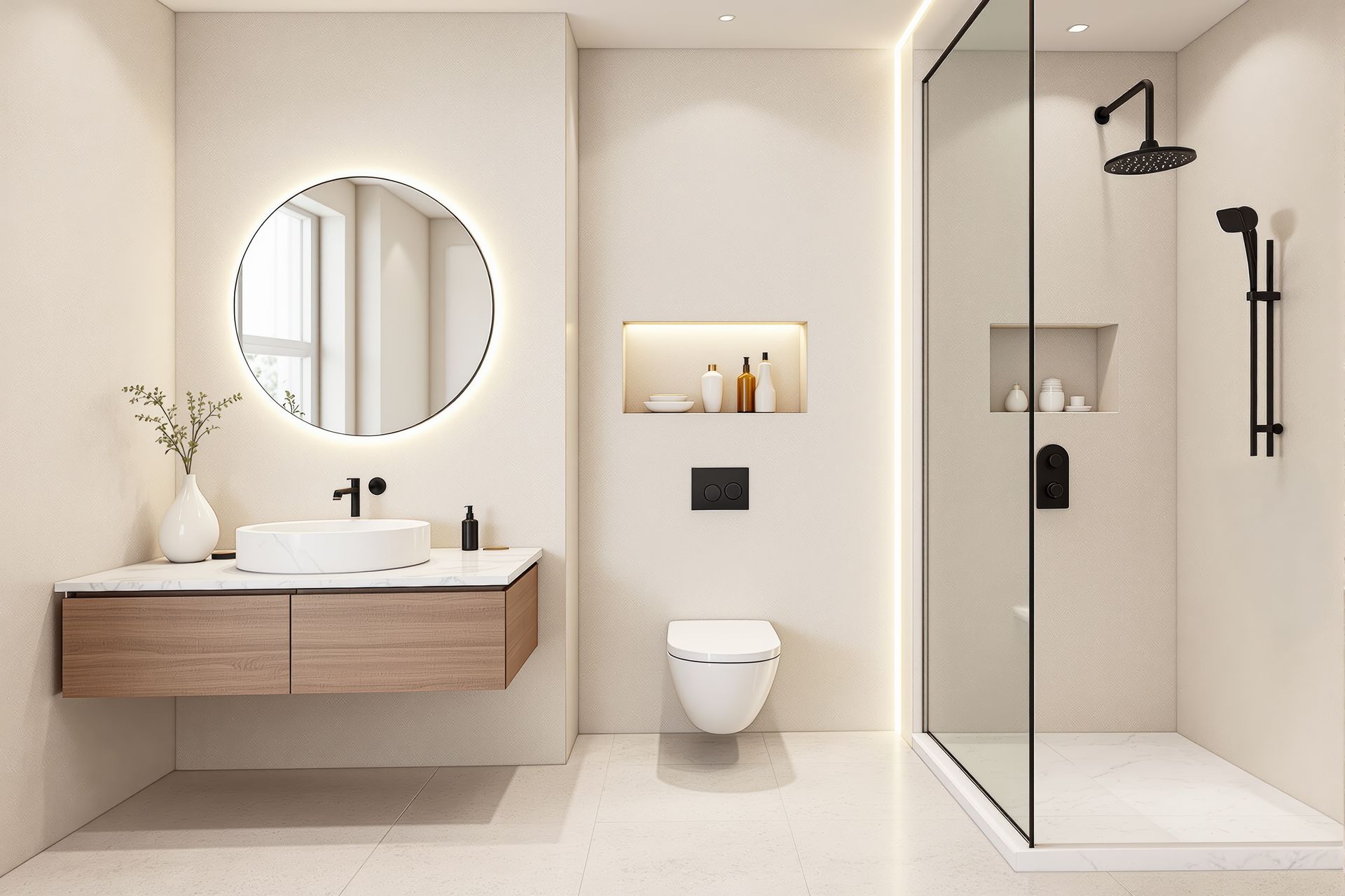Modern beige bathroom with floating vanity, round mirror, wall toilet, and glass shower enclosure
