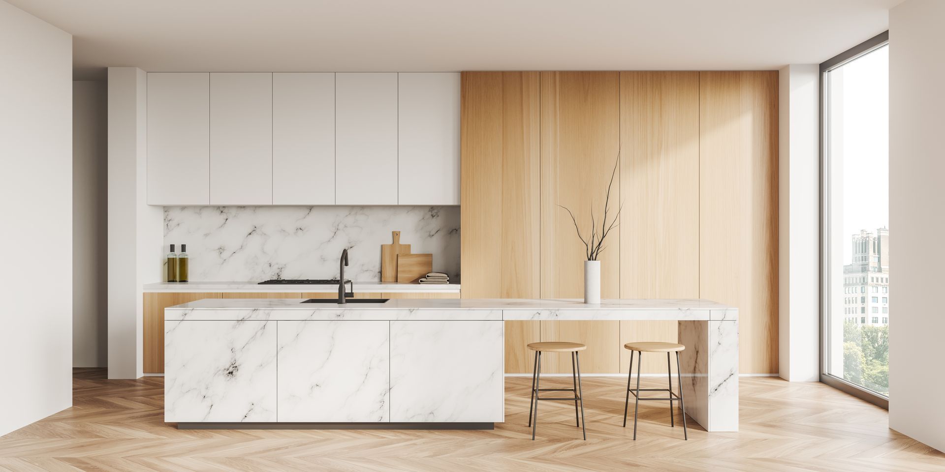 Modern minimalist kitchen with white marble island, wood cabinets, and floor-to-ceiling windows