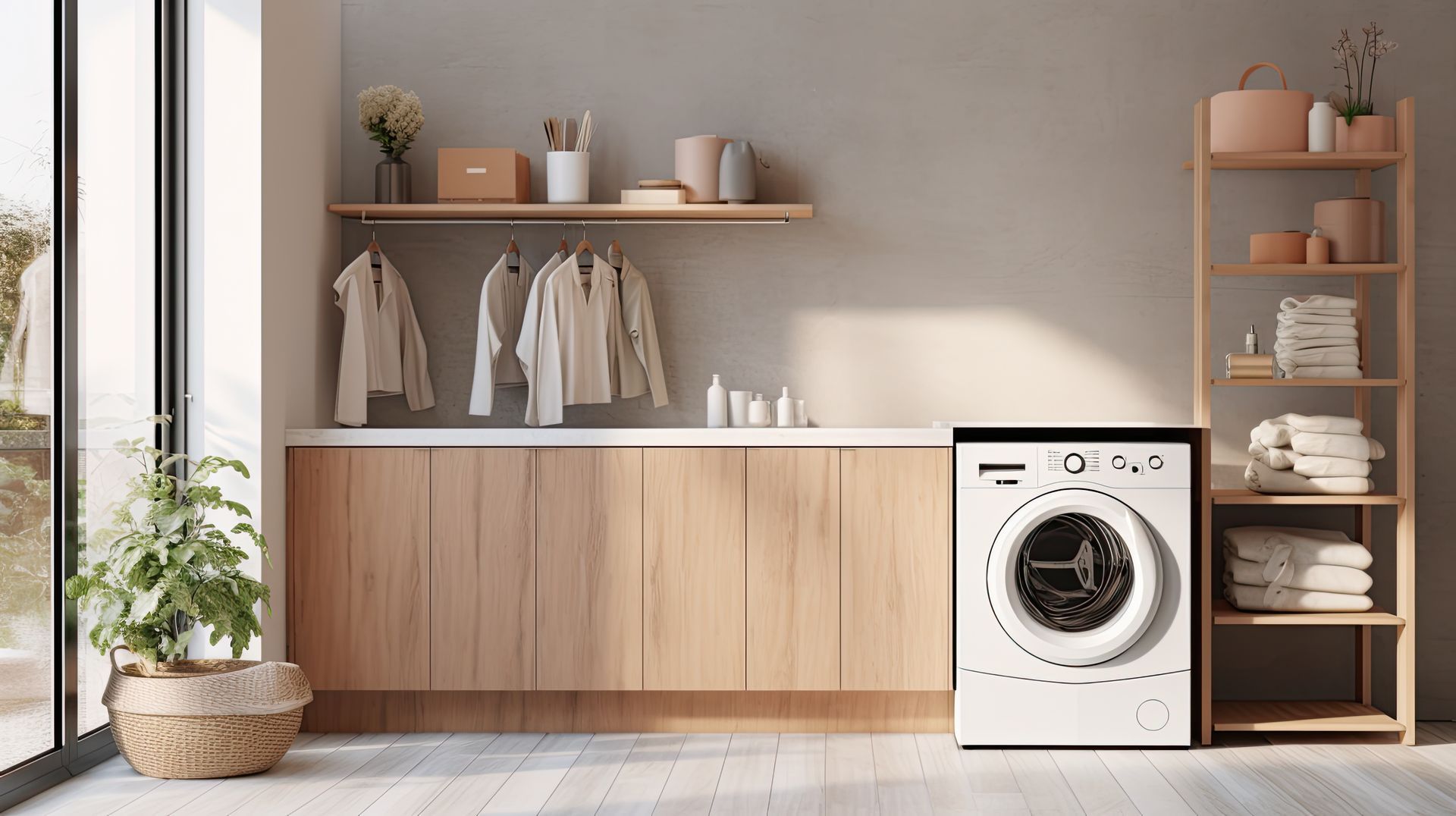 Minimal laundry room with wooden cabinets, shelves, hanging clothes, a front-load washer, and a potted plant by a window