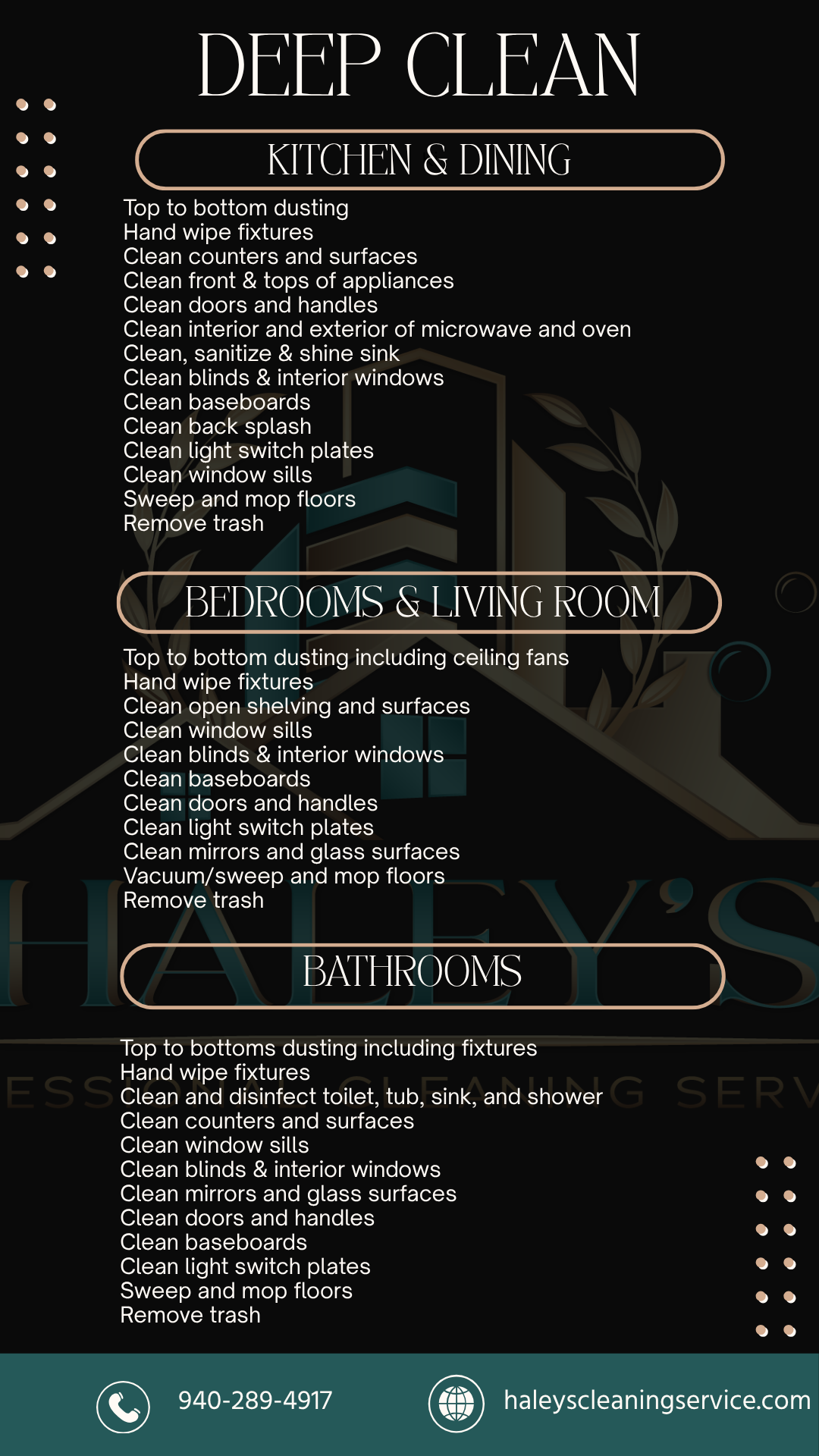 A list of cleaning services for kitchens , bathrooms , bedrooms and living rooms.