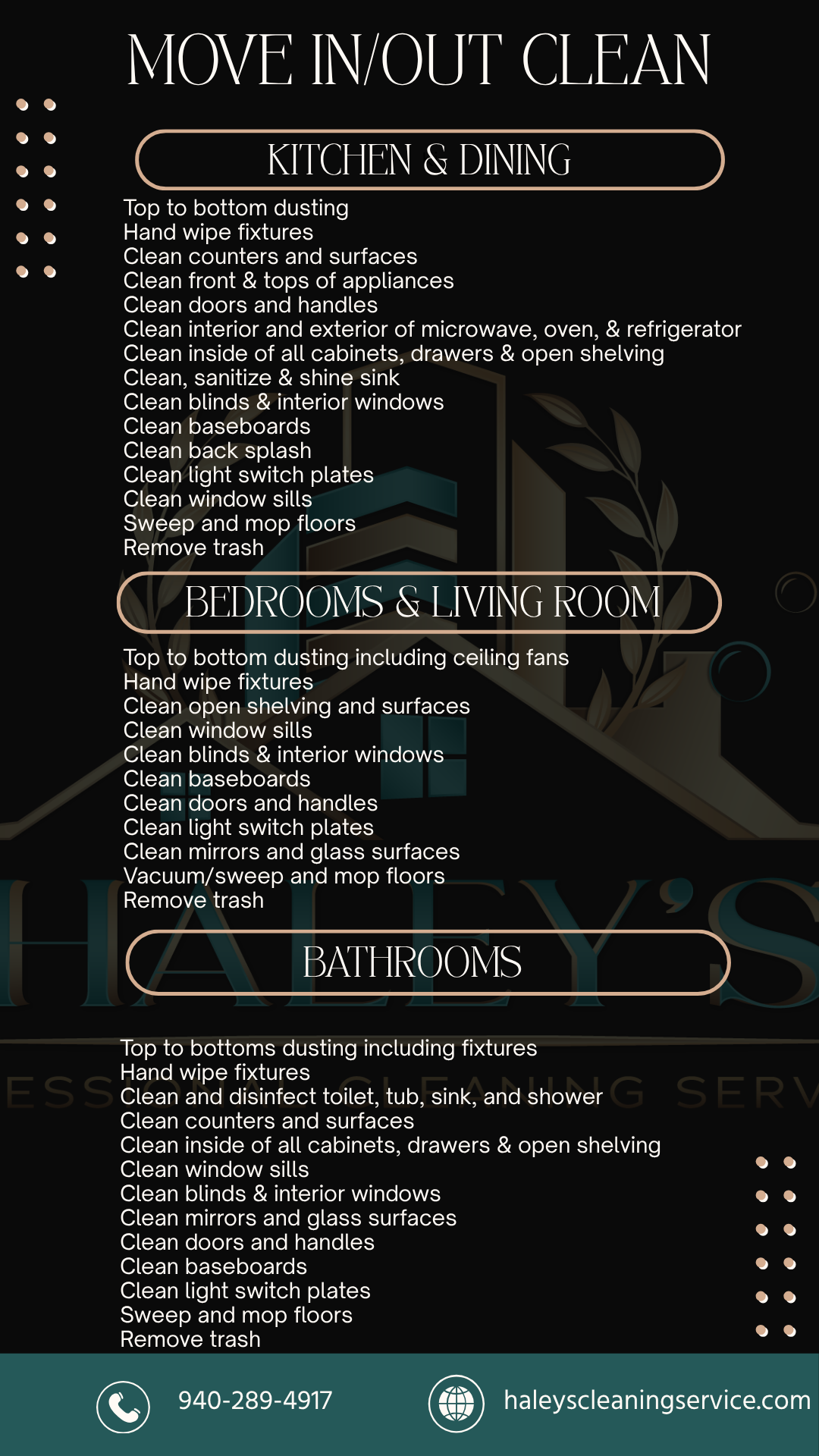 A list of cleaning services for kitchen , bathrooms , bedrooms and living rooms.