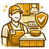 Chef in a kitchen wearing an apron, with cabinets, stove, bowl, and a safety shield icon