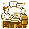 Two people in a gold-toned office discussing a design on a computer screen, with chat bubbles above them