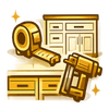 Gold-toned tools and kitchen cabinets, including a tape measure and power drill, on a white background