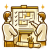 Two people review a flowchart on a board, with checkmarks and pencils on a desk.