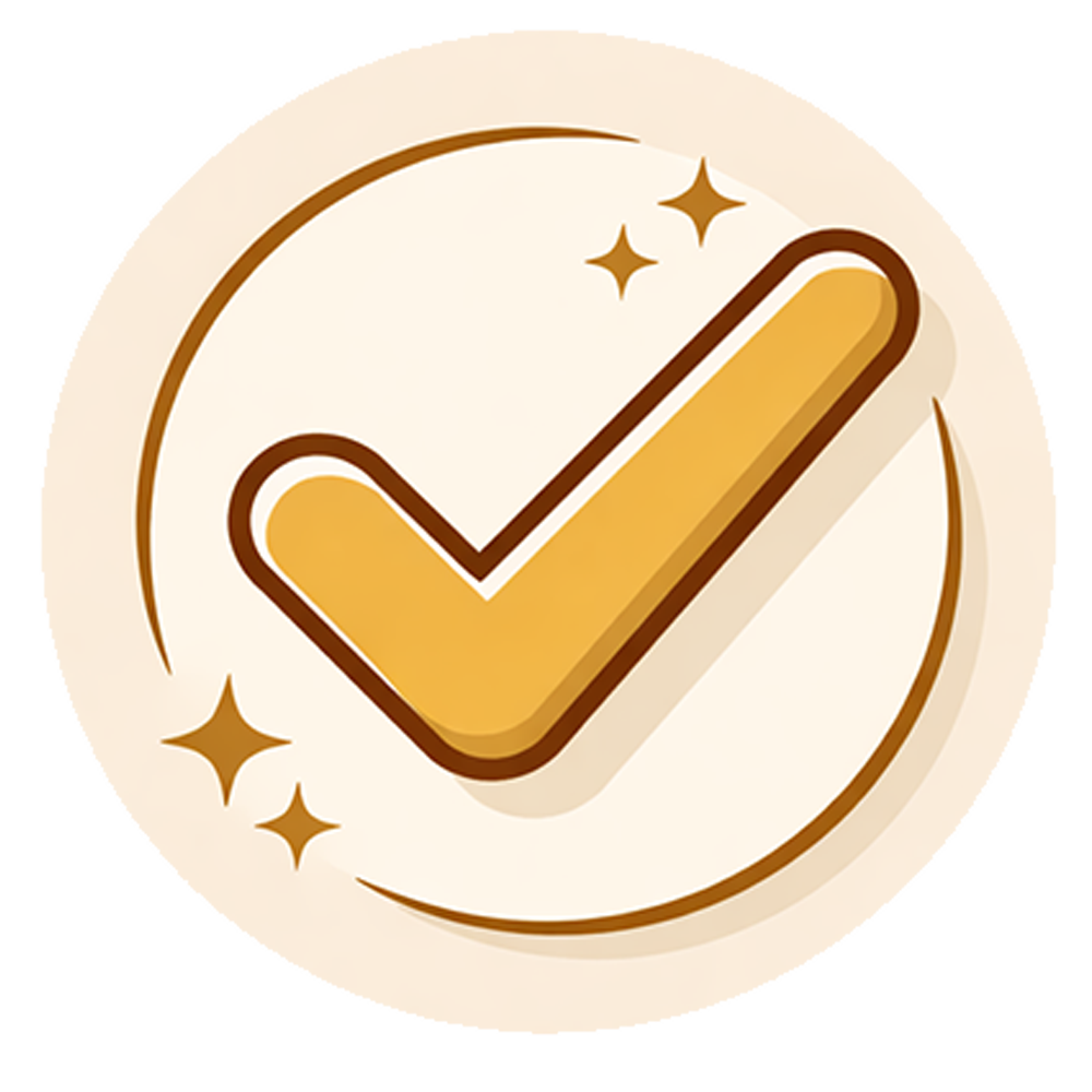 Gold checkmark icon with sparkles inside a beige circle