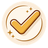 Gold checkmark with sparkles inside a beige circular icon