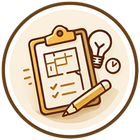 Clipboard with checklist, pencil, light bulb, and clock in brown and beige tones