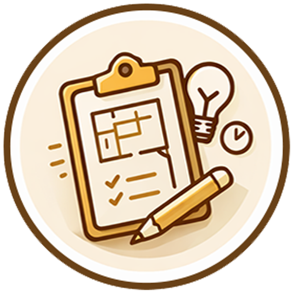 Clipboard with checklist, pencil, lightbulb, and clock in a beige circular icon