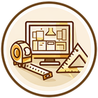 Drafting tools around a computer monitor: tape measure, ruler, and triangle on a beige background