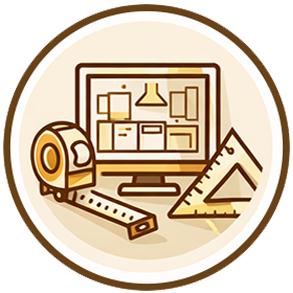 Drafting tools and computer monitor in a circular brown-and-gold design