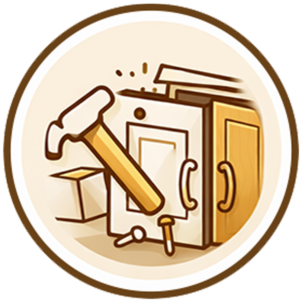 Hammer and cabinet icon in brown and gold, suggesting home repair or DIY work
