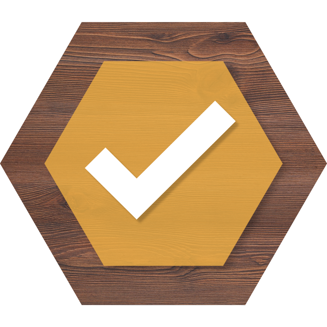 Wooden hexagon badge with a yellow hexagon and white checkmark icon