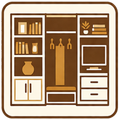 Stylized brown-and-cream modular living room wall with shelves, cabinet, TV, and decorative vases