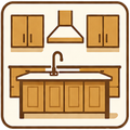 Stylized kitchen with brown cabinets, white countertop, sink, and range hood icons