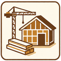 Brown construction icon showing a crane, house frame, and lumber stacks