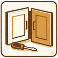 Open double doors with a key in front, in brown and beige tones