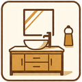 Bathroom vanity with mirror, sink, and soap dispenser in brown and beige tones