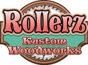 Rollerz Kustom Woodworks logo with pink text on a turquoise and brown sawblade emblem